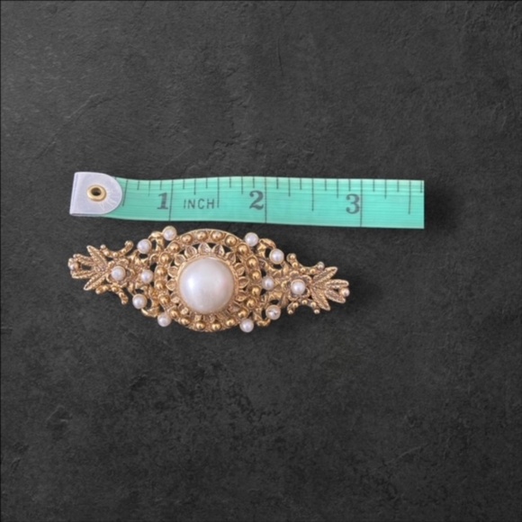 Vintage Victorian Style Gold Tone Filigree with Seed Pearls Bar Brooch Pin - Picture 4 of 4